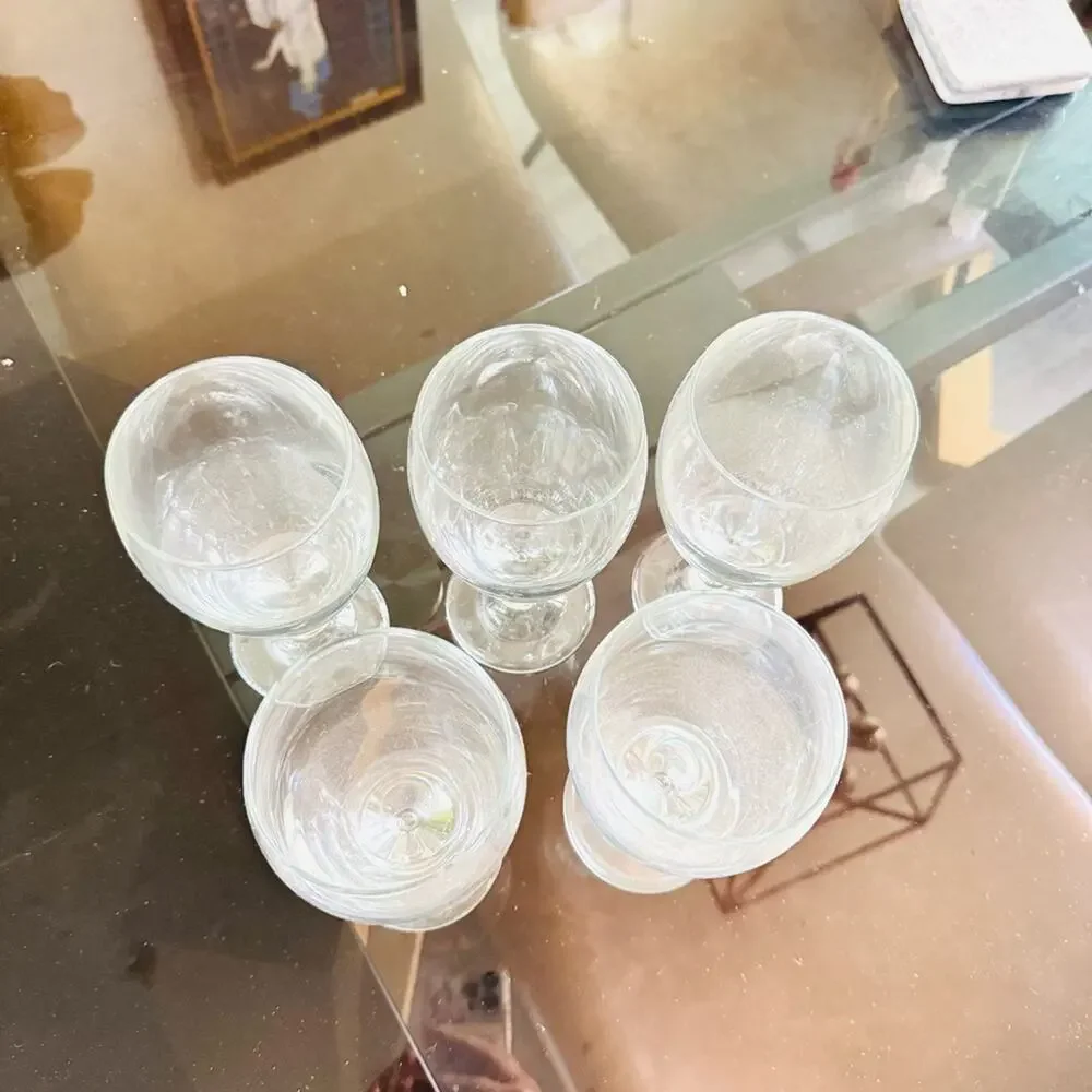 VINTAGE Clear Water Wine Heavy Thick Glass Goblet Stem Drink Ware Glasses Set 5